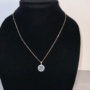 Silver Disc initial “M” Pendant Necklace with a beaded satellite Chain 18”